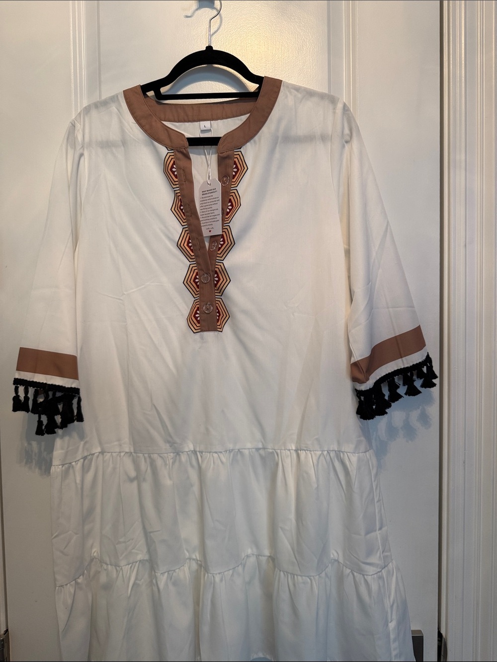White Tiered Tunic Dress with Tan Trim and Black Tassels.  Summery fun, beachy!